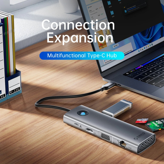 Докинг станция Orico Type-C Docking Station Power Distribution 100W - HDMI, Type-C x 1, USB3.0 x 2, USB 2.0 x 1, LAN 1000Mbps Gigabit, VGA - PW11-8PC-GY-EP