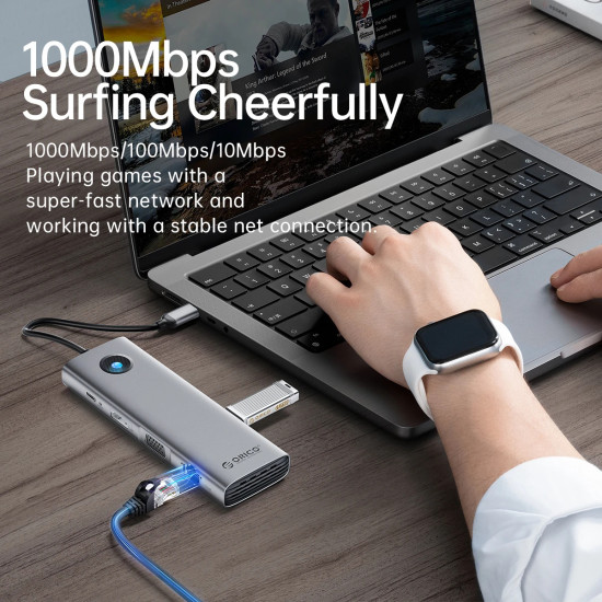 Докинг станция Orico Type-C Docking Station Power Distribution 100W - HDMI, Type-C x 1, USB3.0 x 2, USB 2.0 x 1, LAN 1000Mbps Gigabit, VGA - PW11-8PC-GY-EP