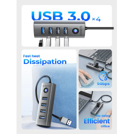 USB хъб Orico хъб HUB USB3.0 4 port, Aluminium, Grey - PDD4U-U3-015-GY