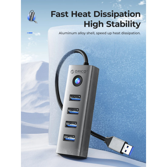 USB хъб Orico хъб HUB USB3.0 4 port, Aluminium, Grey - PDD4U-U3-015-GY