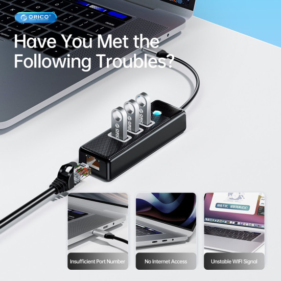 USB хъб Orico HUB USB3.1 3 port + LAN 1000M - PW3UR-C3-015-BK