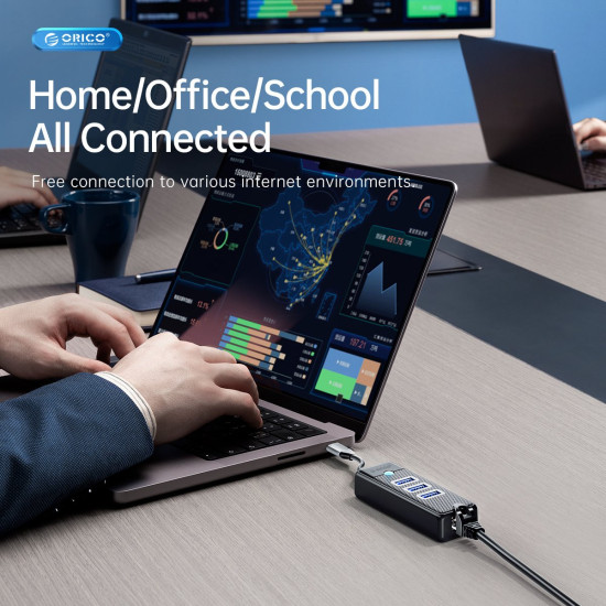 USB хъб Orico HUB USB3.1 3 port + LAN 1000M - PW3UR-C3-015-BK