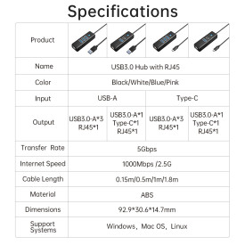 USB хъб Orico HUB USB3.1 3 port + LAN 1000M - PW3UR-C3-015-BK