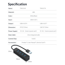 USB хъб Orico USB3.0 HUB 4 port - Type C input, 0.15m cable, aux Type-C power input - TWU3-4A-BK