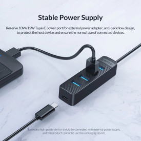 USB хъб Orico USB3.0 HUB 4 port - Type C input, 0.15m cable, aux Type-C power input - TWU3-4A-BK