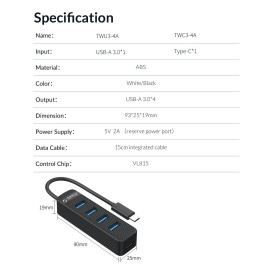 USB хъб Orico USB3.0 HUB 4 port - Type C input, aux Type-C power input - TWC3-4A