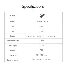 USB хъб Orico USB3.1 HUB Type-C - 2 x USB3.0, 2 x USB-C - PAPW2AC-C3-05-BK-EP