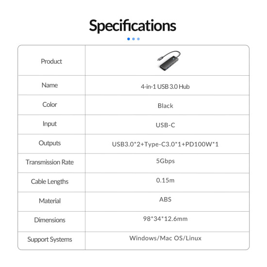 USB хъб Orico USB3.1 HUB Type-C - 2 x USB3.0, 2 x USB-C - PAPW2AC-C3-05-BK-EP