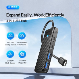 USB хъб Orico USB3.1 HUB Type-C - 2 x USB3.0, 2 x USB-C - PAPW2AC-C3-05-BK-EP