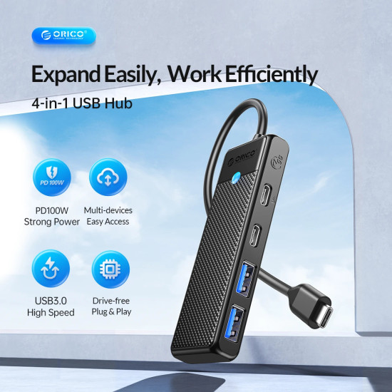 USB хъб Orico USB3.1 HUB Type-C - 2 x USB3.0, 2 x USB-C - PAPW2AC-C3-05-BK-EP