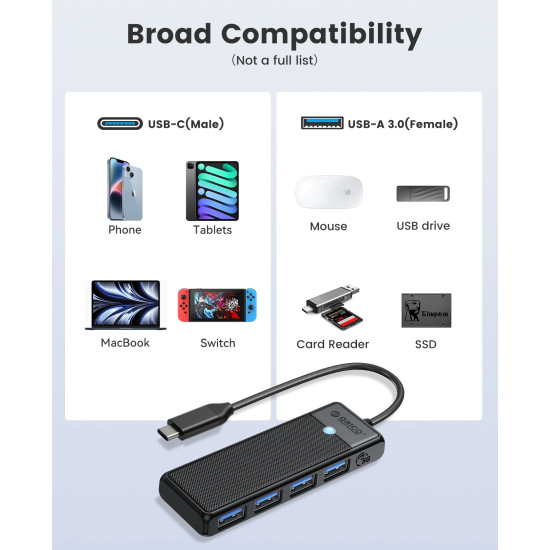 USB хъб Orico USB3.1 HUB Type-C - 4 x USB3.0 - PAPW4A-C3-015-BK