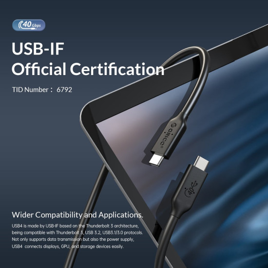 USB кабел Orico USB4.0 40Gbps M/M 0.3m Black PD100W - U4C03-BK
