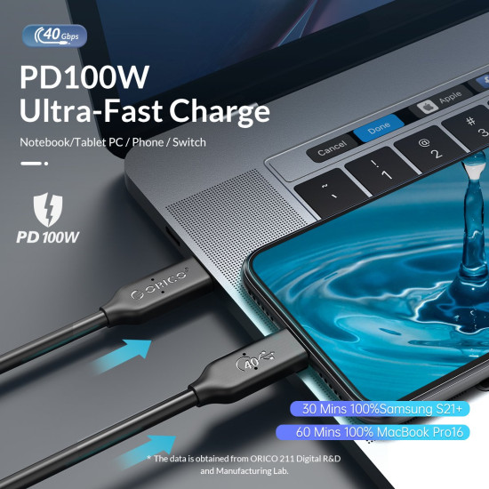 USB кабел Orico USB4.0 40Gbps M/M 0.3m Black PD100W - U4C03-BK