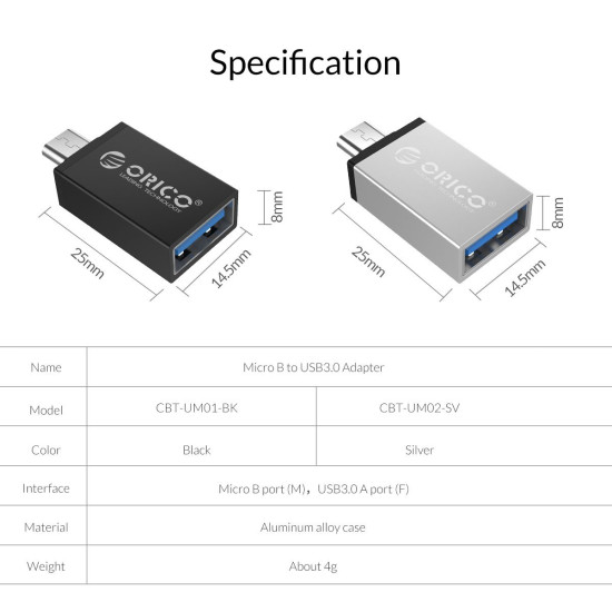 Преходник Orico Adapter OTG - USB Micro B to USB3.0 AF - CBT-UM01-BK