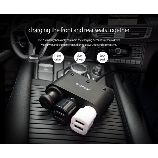 Разклонител за запалка за кола Orico Car Cigarette Lighter 3 Ports + 2xUSB, 12-24V - MP-2U3S