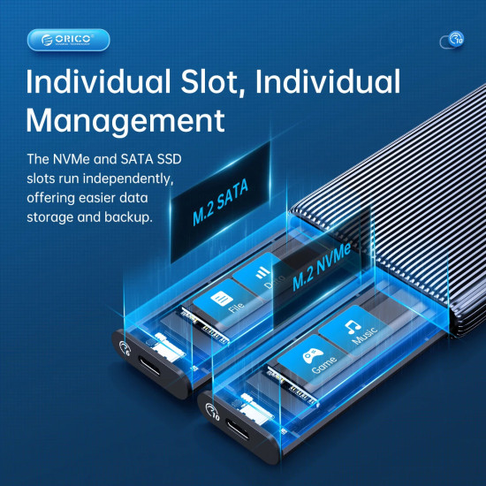 Външна кутия за диск Orico Storage - Case - M.2 NVMe Dual-Bay - USB-C 10Gbps, Aluminium - AM2C3-2N-GY