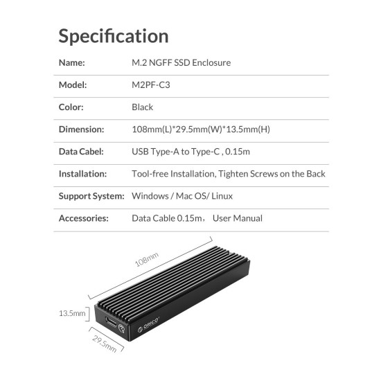 Външна кутия за диск Orico Storage - Case - M.2 SATA B-key 5 Gbps - M2PF-C3-BK-BP
