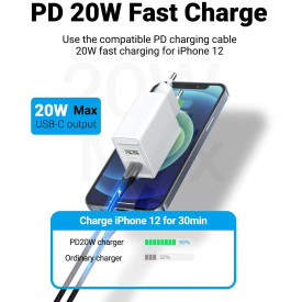 Зарядно Vention Fast Charger Wall - QC4.0, PD Type-C + QC3.0 USB A, 20W White - FBBW0