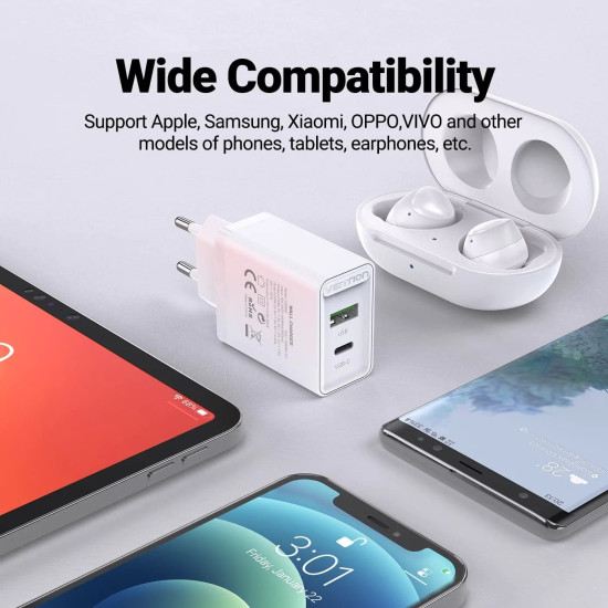 Зарядно Vention Fast Charger Wall - QC4.0, PD Type-C + QC3.0 USB A, 20W White - FBBW0