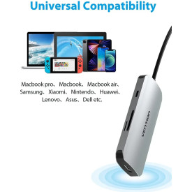 Докинг станция Vention Docking Station Type-C - TOJHB - HDMI x 1, USB3.0 x 3, USB-C PD100W x 1, SD/TF
