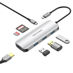 Докинг станция Vention Docking Station Type-C - TOJHB - HDMI x 1, USB3.0 x 3, USB-C PD100W x 1, SD/TF