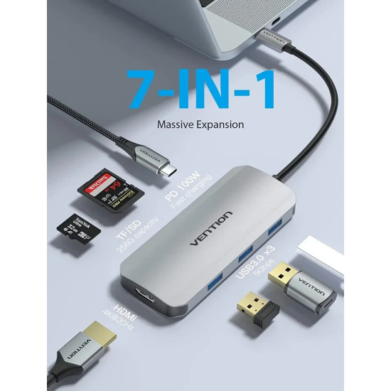 Докинг станция Vention Docking Station Type-C - TOJHB - HDMI x 1, USB3.0 x 3, USB-C PD100W x 1, SD/TF