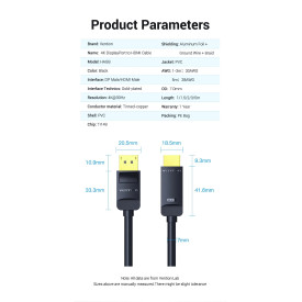 Display Port кабел Vention DisplayPort към HDMI 3.0m - 4K, Gold Plated - HFOBI