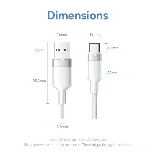 USB кабел Vention USB 2.0 A Male to C Male 1.0M Black 6A Fast Charge - CTOBF