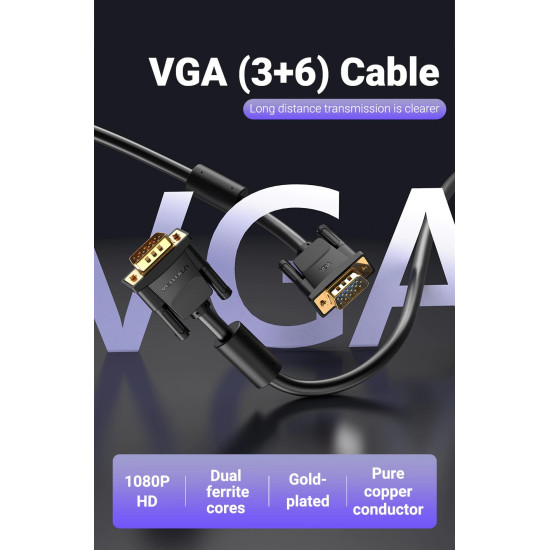 VGA кабел за монитор Vention HD15 M / M 1.5m Gold Plated, 2 Ferrites - DAEBG
