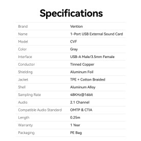 Външна звукова карта Vention USB Sound card 1-Port 0.25M Gray - CVFHC
