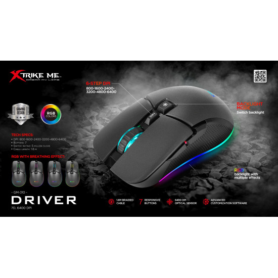 Мишка Xtrike ME Gaming Mouse GM-310 - 6400dpi, RGB, programmable