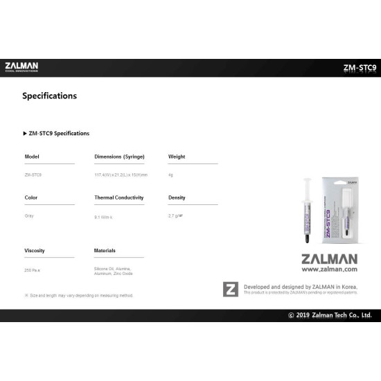 Термопаста Zalman 9.1W/mK 4g - ZM-STC9