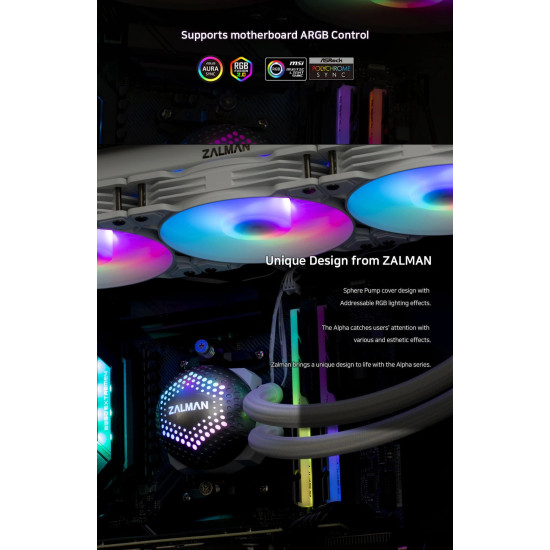 Водно охлаждане Zalman Water Cooling ALPHA 28 WHITE - Addressable RGB - LGA1700/AM5