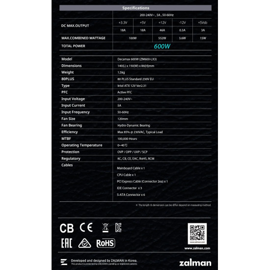 Захранване Zalman PSU DecaMax 600W 80+ ZM600-LX3