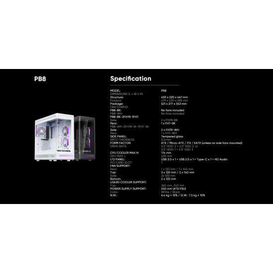 Кутия за компютър 1stPlayer Case ATX - PB8 Black - 3 x 120 mm A-RGB fans included, USB-C