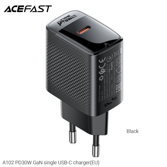 Зарядно Acefast Charger Wall GaN PD30W - A102 - USB-C x 1, Black