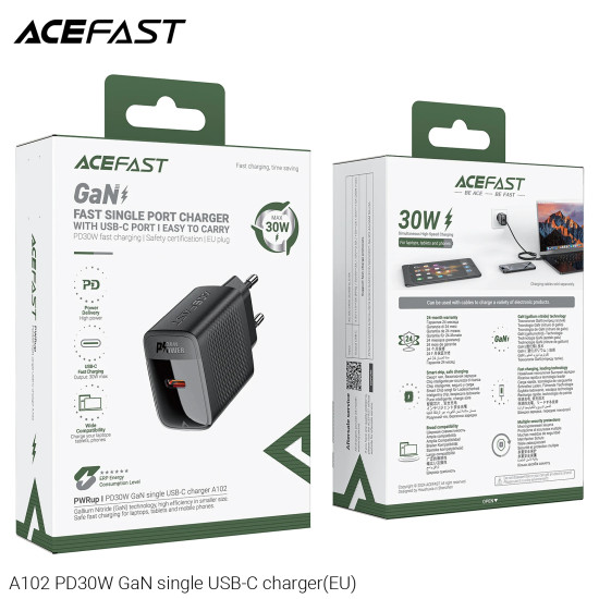 Зарядно Acefast Charger Wall GaN PD30W - A102 - USB-C x 1, Black
