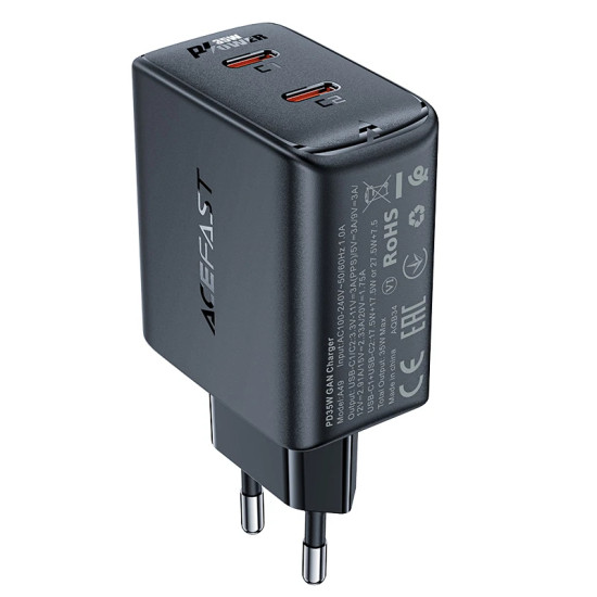 Зарядно Acefast Charger Wall GaN PD35W - A49 - USB-C x 2, Black