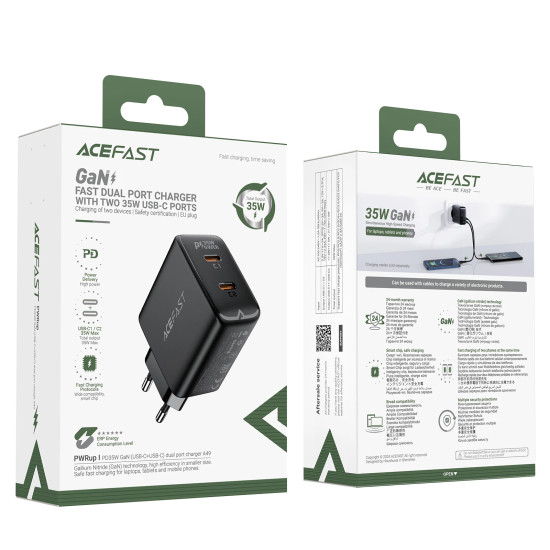 Зарядно Acefast Charger Wall GaN PD35W - A49 - USB-C x 2, Black