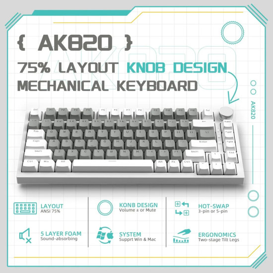 Клавиатура Ajazz Gaming Mechanical Keyboard AK820 - Mille feuille Yellow Switches [Linear] (English US), White Gray, White Light