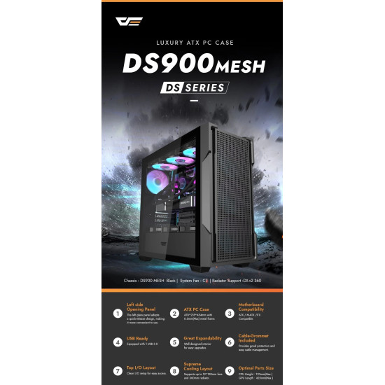 Кутия за компютър DarkFlash ATX DS900 Mesh, 4 x 120mm ARGB Fans Included, Tempered Glass Panel, Black