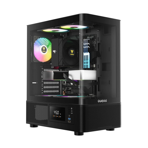 Кутия за компютър Gamdias кутия Case ATX - ATLAS E2 - 3 x 120 mm A-RGB, Digital Display, Curved Glass