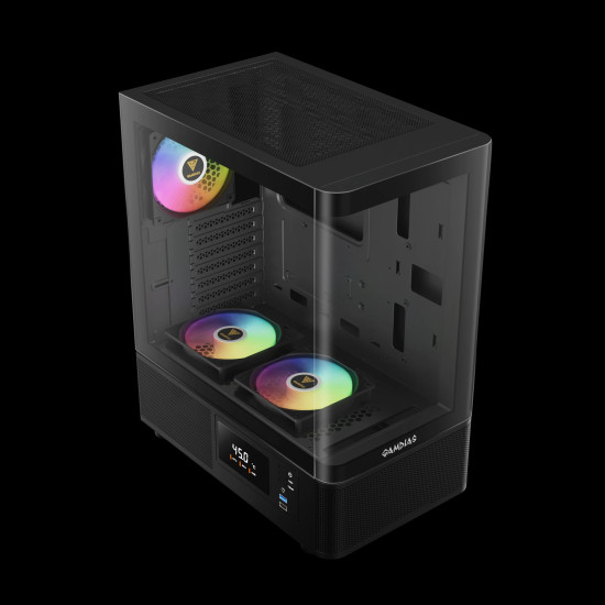 Кутия за компютър Gamdias кутия Case ATX - ATLAS E2 - 3 x 120 mm A-RGB, Digital Display, Curved Glass