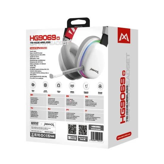 Безжични слушалки Marvo Gaming Headphones Monka Echo RS - Bluetooth, 2.4G, RGB - MARVO-HG9070W