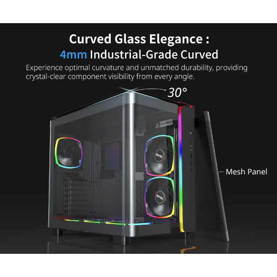 Кутия за компютър Montech KING 95 Pro, Dual Chamber Mid-tower Case, 6 ARGB Fans, 2 Front Panels, Black