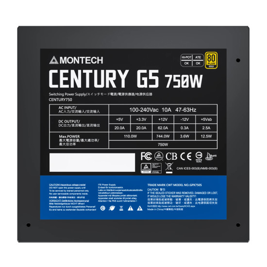 Захранване Montech CENTURY G5 750, PSU ATX3.0, Gold, Full Modular