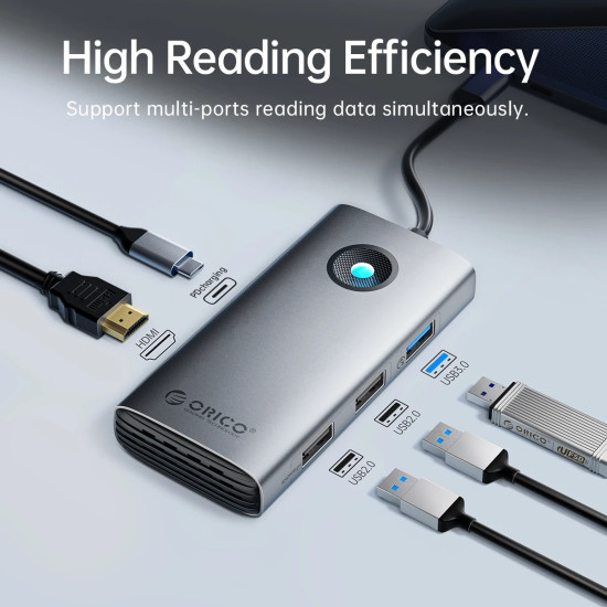 Докинг станция Orico Docking Station Type-C - PW11-6PR-GY-EP - HDMI x 1, USB-C x 1, USB3.0 x 3, USB-C PD100W x 1, LAN x 1 (1Gbps)