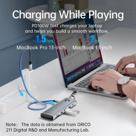 Докинг станция Orico Type-C Docking Station Power Distribution 100W - HDMI, Type-C x 1, USB3.0 x 3, LAN 1000Mbps Gigabit, SD/TF, VGA, Audio - PW11-10P-GY