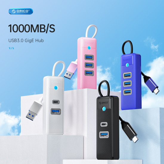 USB хъб Orico HUB USB3.0 3 port + LAN 1000M - PW3UR-U3-015-BK