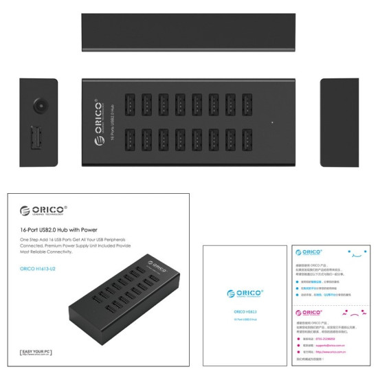 USB хъб Orico USB2.0 HUB 16 port with Premium Power Adapter, Black - H1613-U2